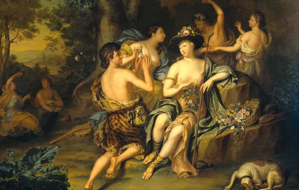 Дерево, масло, картина, Hieronymus van der Meij, Пастухи и Пастушки в Пейзаже