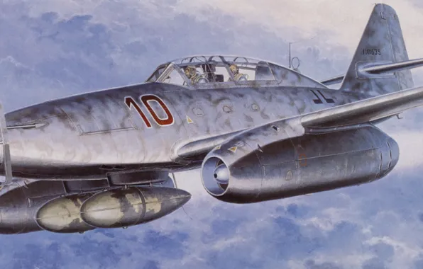 Картинка war, painting, aviation, ww2, german fighter, Me-262B-1a Nachtjager