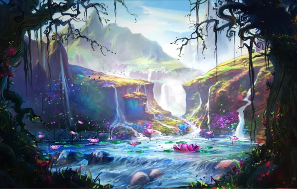 Горы, Озеро, Деревья, Лес, Fantasy, Пейзаж, Фантастика, River