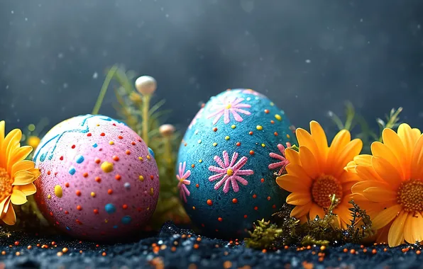 Картинка цветы, яйца, весна, colorful, Пасха, happy, flowers, spring
