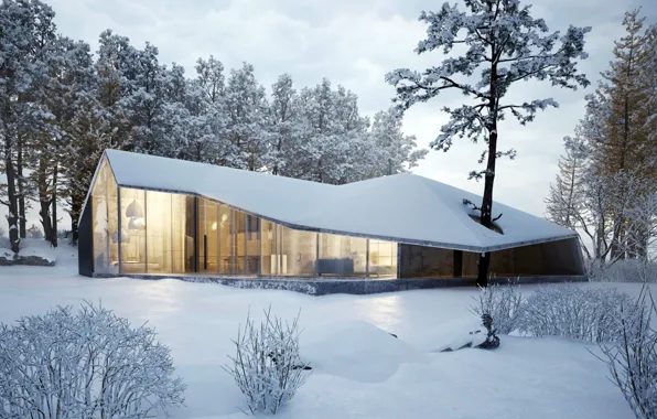 Картинка зима, снег, деревья, дом, house, forest, архитектура, коттедж