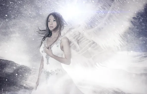 Взгляд, девушка, лицо, волосы, крылья, ангел, азиатка, белое платье