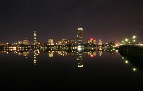 Картинка вода, ночь, мост, город, огни, дома, высотки, boston