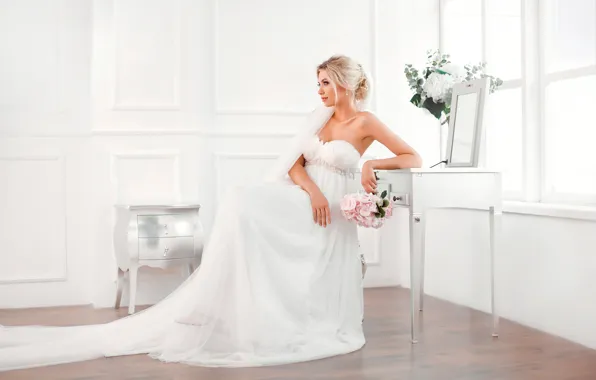 Картинка цветы, поза, комната, букет, макияж, платье, зеркало, окно