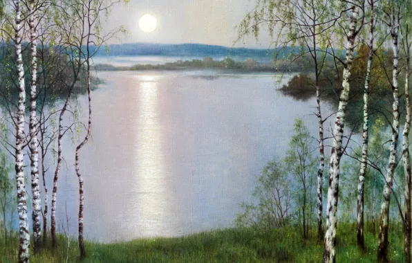 Картинка трава, солнце, озеро, берёзы, KonstantinDverin