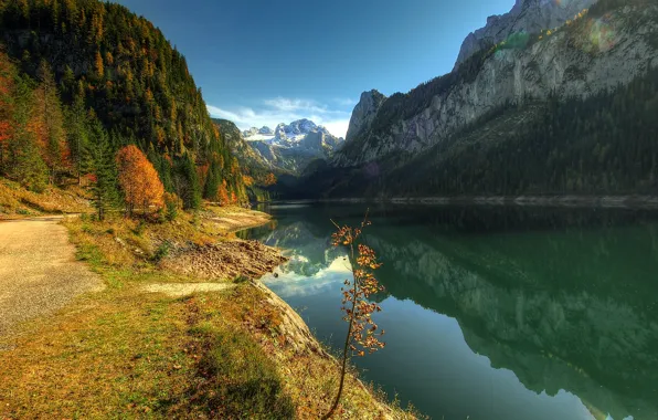 Картинка осень, лес, небо, отражения, деревья, горы, природа, озеро