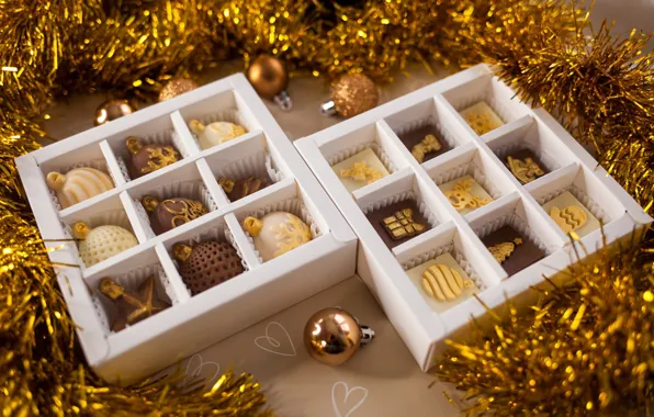 Шарики, шоколад, конфеты, Новый год, мишура, коробочки, Виктория Гуртовая