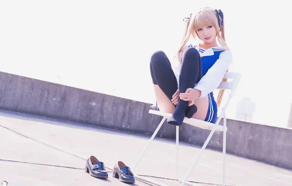 Картинка Asian, long hair, blue eyes, women, cosplay, blonde, sitting, bangs