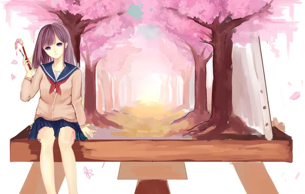 Картинка девушка, деревья, аниме, сакура, арт, форма, школьница, кисть