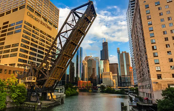 Картинка река, дома, небоскребы, утро, Chicago, ILLINOIS, Chicago San-times, поднятый мост