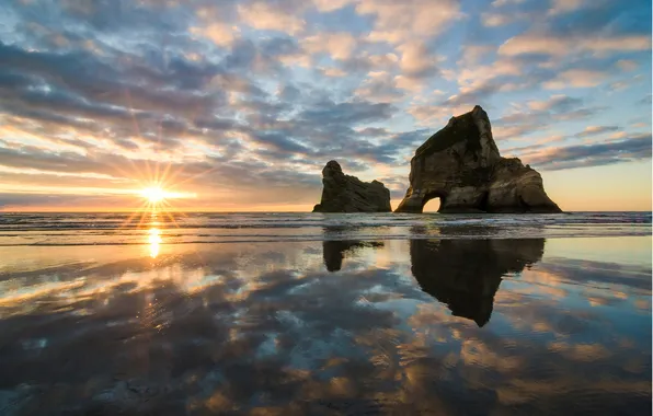 Картинка море, солнце, закат, скала, арка, новая зеландия