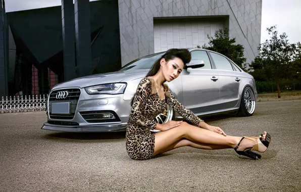 Картинка авто, взгляд, девушка, Audi, Девушки, азиатка, сидит над машиной