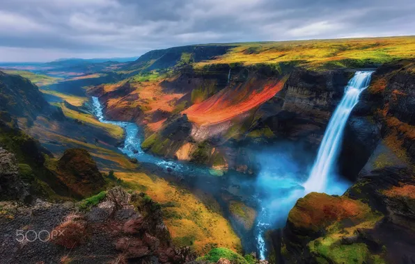 Небо, водопад, Исландия, склы
