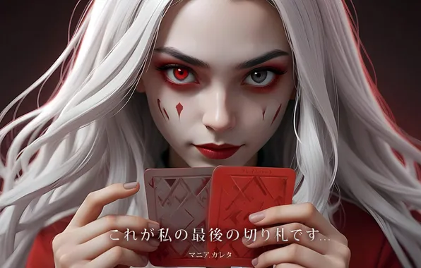 Картинка girl, fantasy, red eyes, digital art, artwork, fantasy art, white hair, cards