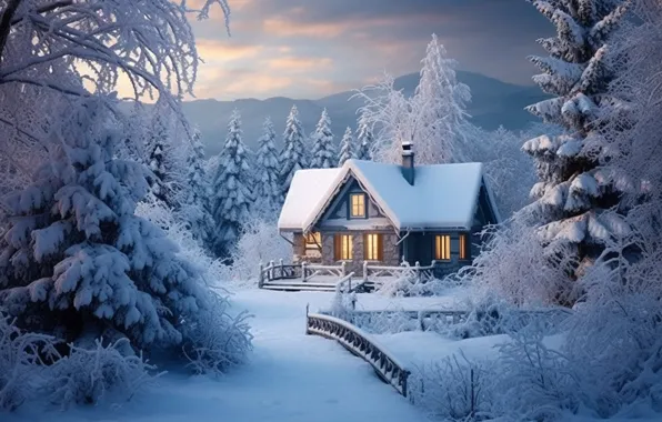 Зима, лес, снег, мороз, домик, house, хижина, rustic
