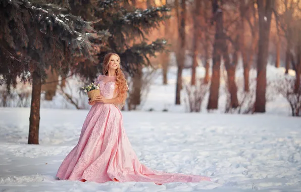 Зима, взгляд, девушка, деревья, природа, улыбка, парк, платье