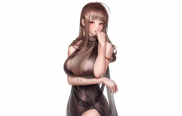 Girl, sexy, cleavage, long hair, dress, brown hair, boobs, anime