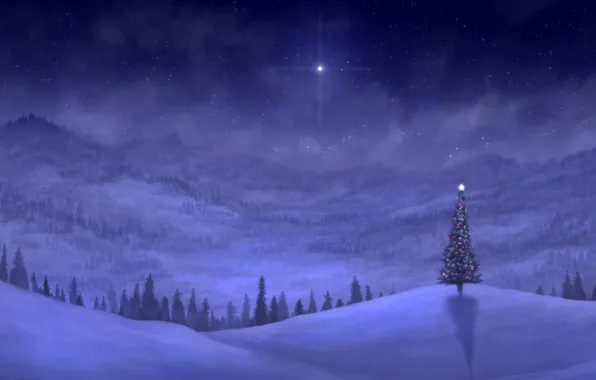 Картинка зима, снег, горы, ночь, огни, праздник, холмы, ель