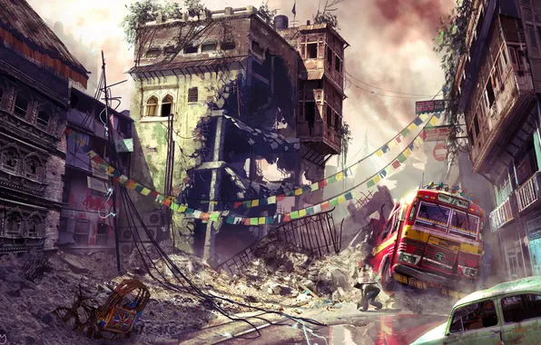 Картинка город, война, арт, разруха, автобус, квартал, uncharted 2