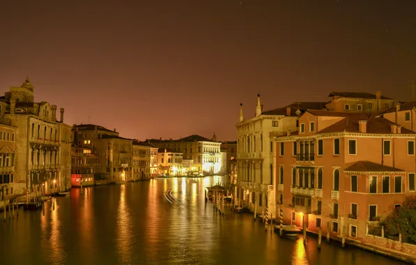 Небо, ночь, огни, дома, Италия, Венеция, канал