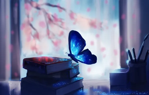 Картинка fantasy, magic, art, butterfly, macro, glare, books, miscellaneous