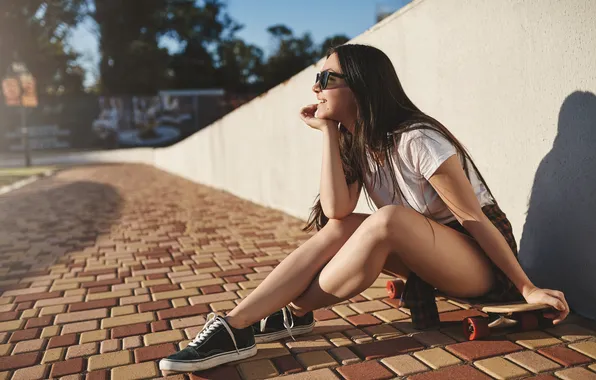 Girl, skateboard, sunglasses, sneakers, skater