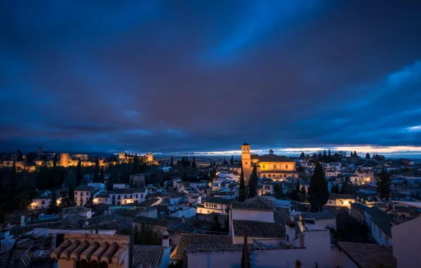Картинка небо, тучи, вечер, освещение, подсветка, архитектура, синее, Испания