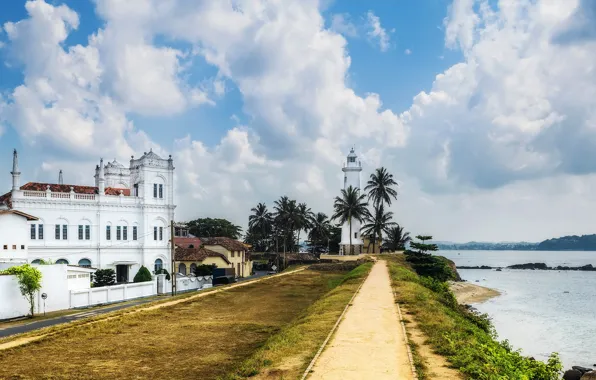 Картинка море, облака, пальмы, побережье, маяк, Шри-Ланка, Galle fort