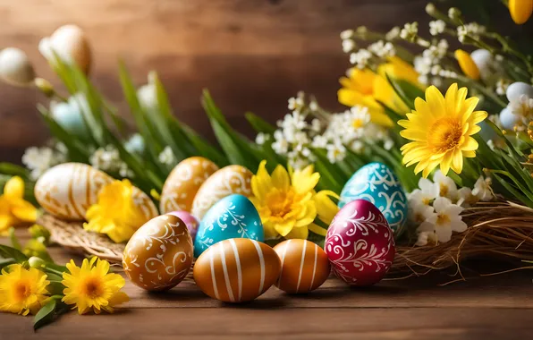 Картинка цветы, яйца, весна, colorful, Пасха, happy, flowers, spring