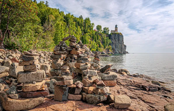Картинка море, камни, фото, маяк, USA, North Shore Park