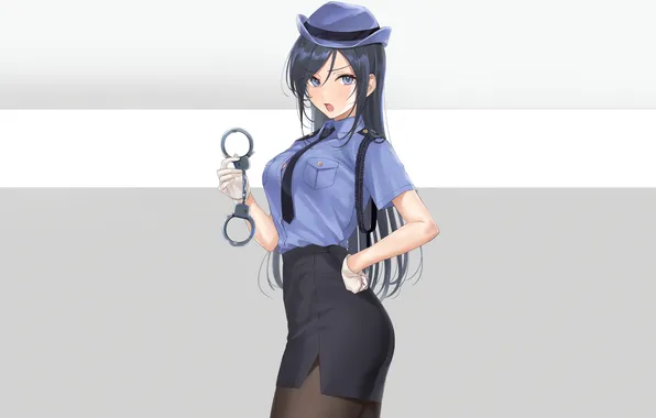 Girl, sexy, ass, long hair, hat, boobs, sexy girl, police