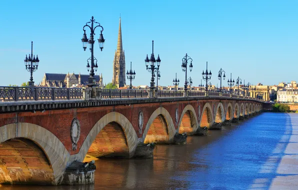 Мост, река, Франция, башня, фонари, солнечно, Bordeaux
