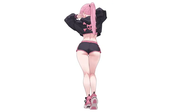 Картинка ass, pink hair, ponytail, standing, thighs, arms up, bare midriff, bluefield