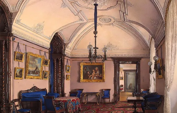 Комната, ковер, стулья, картина, столы, люстра, картины, дворец