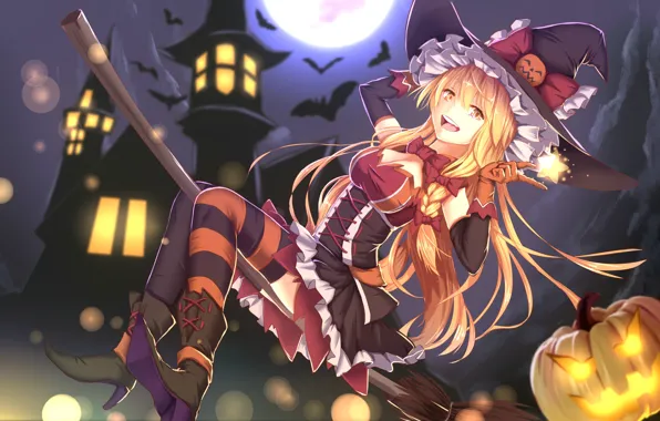 Полет, ночь, улыбка, замок, сапоги, тыквы, Halloween, корсет