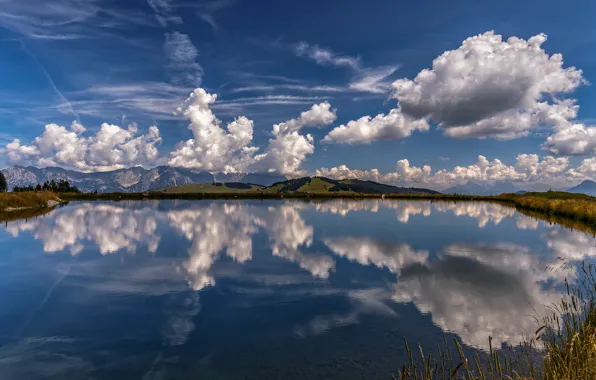 Облака, горы, озеро, отражение, Австрия, Альпы, Austria, Alps