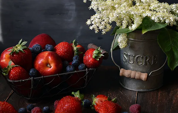 Картинка цветы, ягоды, букет, фрукты, натюрморт