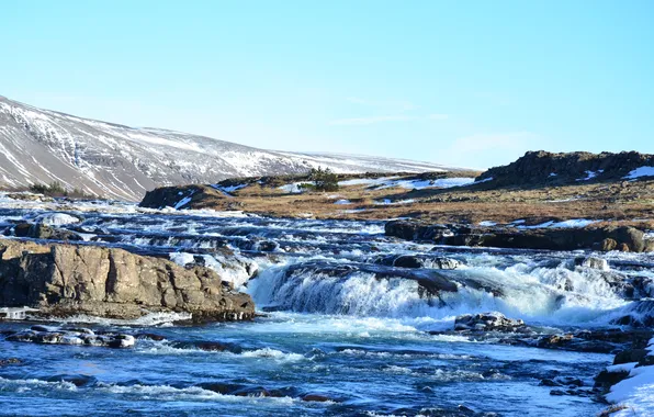 Картинка landscape, nature, water, winter, snow, waterfall, Iceland, tundra