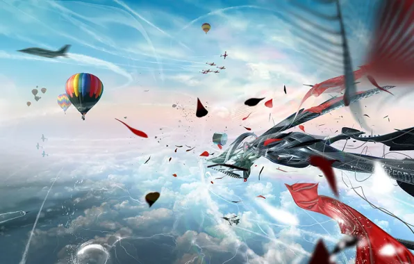 Картинка облака, шары, самолеты