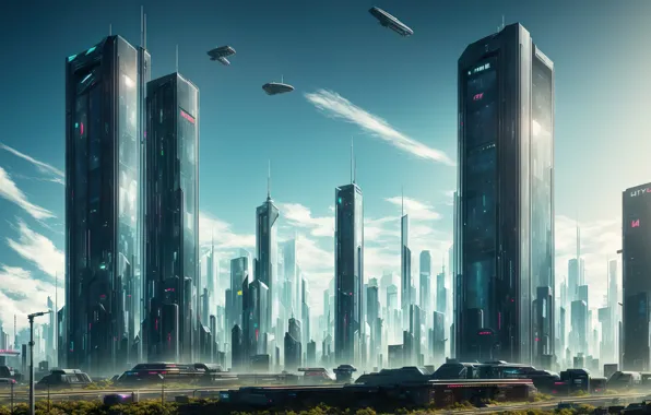 City, future, landscape, art, fantastic, cyberpunk, digital art, Futuristic