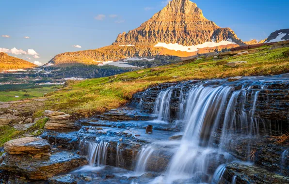 Пейзаж, скалы, USA, водопады, Glacier National Park