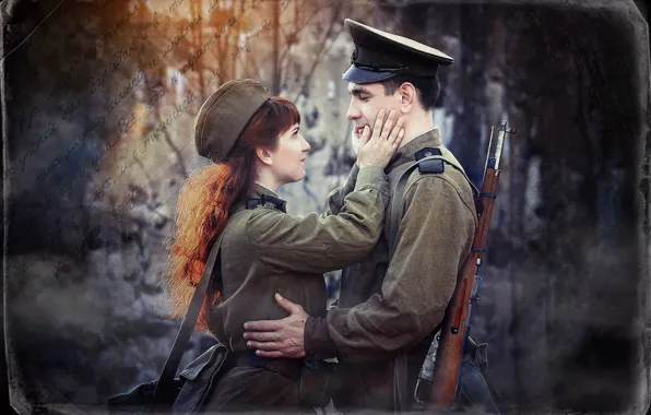 Девушка, ретро, фото, парень, винтаж, военная форма, фильтр, гимнастёрка