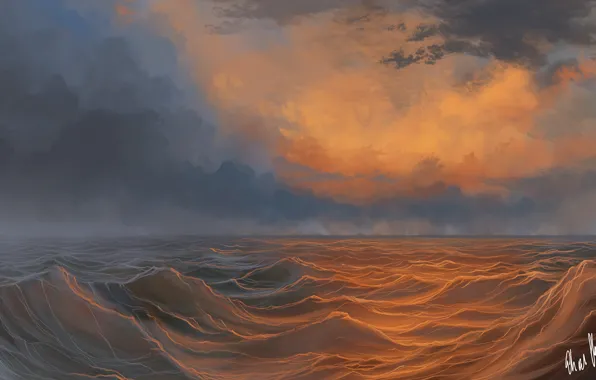 Картинка море, волны, облака, дождь, арт, нарисованный пейзаж