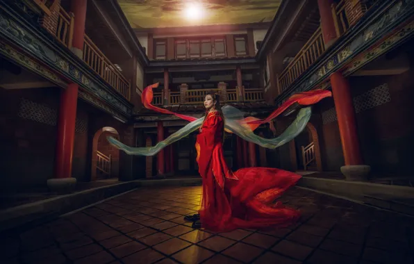 Картинка стиль, азиатка, красное платье