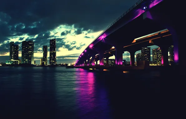 Ночь, мост, город, Флорида, Miami, Florida, Майями