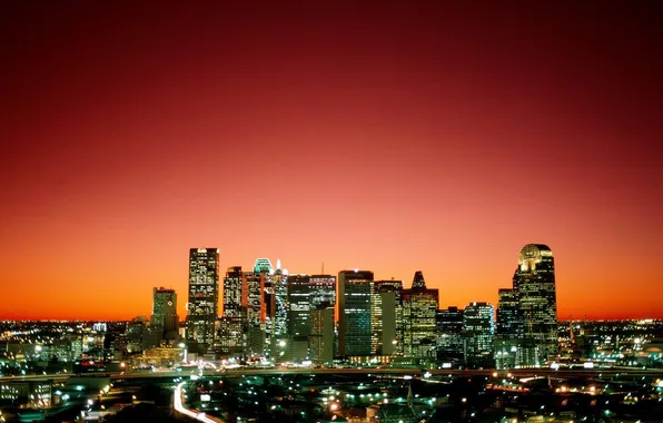 Закат, город, вечер, высотки, техас, Dallas