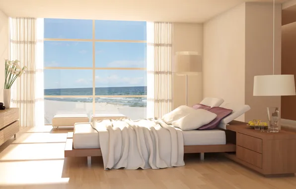 Дизайн, стиль, комната, интерьер, спальня, вид на море, bedroom with wooden floors