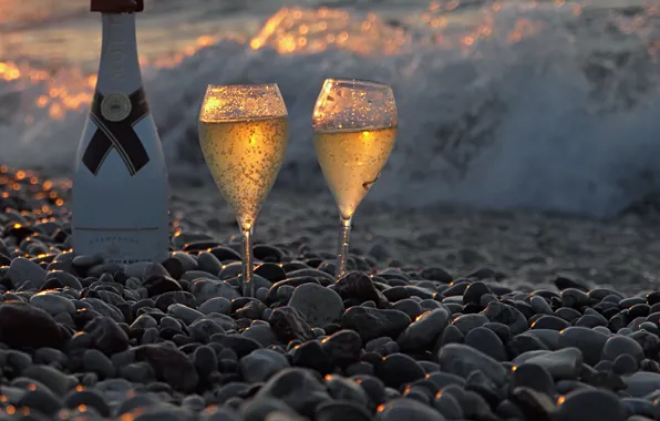 Glass, beach, dusk, stones, champagne