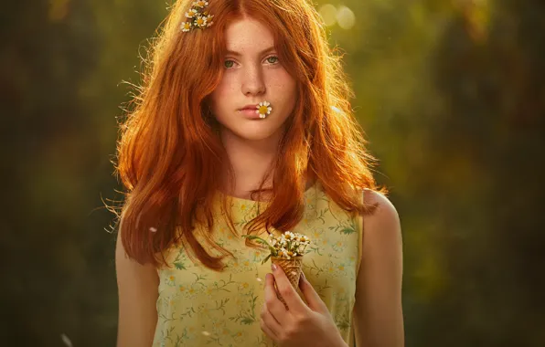 Картинка взгляд, девушка, цветы, портрет, ромашки, рыжая, Evgeny Loza