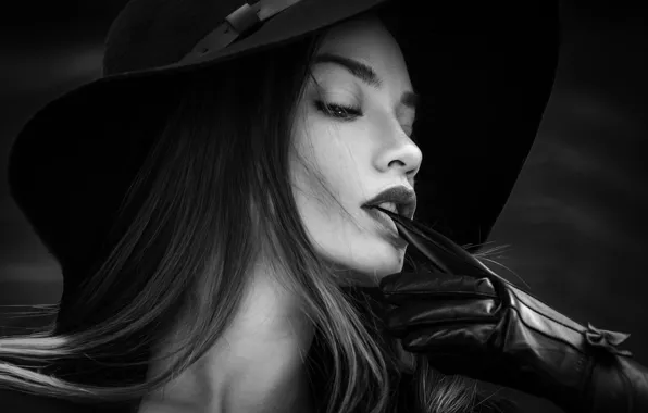 Взгляд, девушка, лицо, волосы, перчатки, черно-белое, Joachim Bergauer